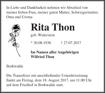 Traueranzeige von Rita Thon von Märkische Oderzeitung