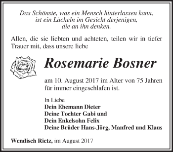 Traueranzeige von Rosemarie Bosner von Märkische Oderzeitung