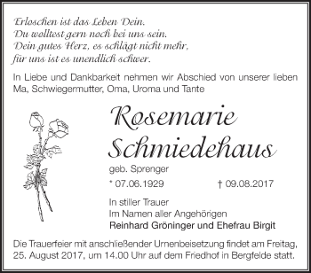 Traueranzeige von Rosemarie Schmiedehaus von Märkische Oderzeitung