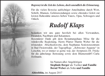 Traueranzeige von Rudolf Klaps von Märkische Oderzeitung