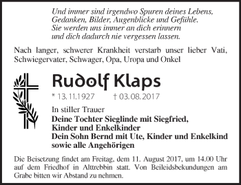 Traueranzeige von Rudolf Klaps von Märkische Oderzeitung