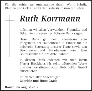 Traueranzeige von Ruth Korrmann von Märkische Oderzeitung