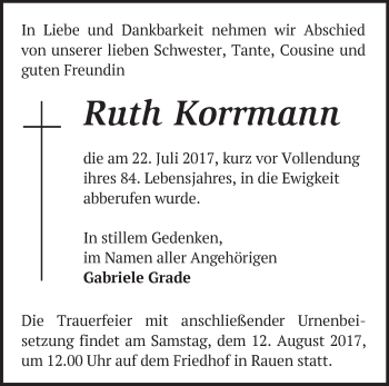 Traueranzeige von Ruth Korrmann von Märkische Oderzeitung