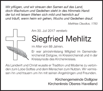 Traueranzeige von Siegfried Mehlitz von Märkische Oderzeitung