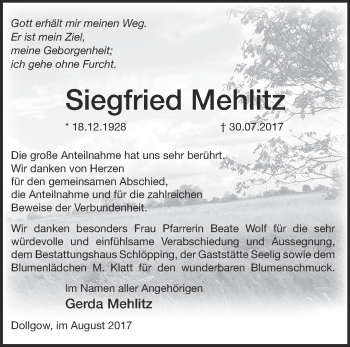 Traueranzeige von Siegfried Mehlitz von Märkische Oderzeitung