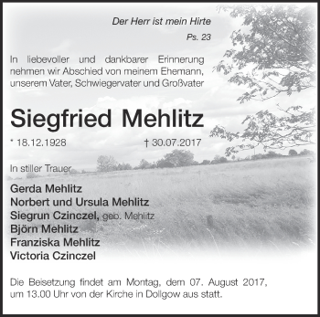 Traueranzeige von Siegfried Mehlitz von Märkische Oderzeitung