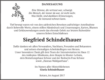 Traueranzeige von Siegfried Schindelhauer von Märkische Oderzeitung