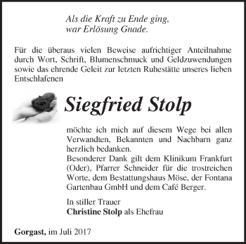 Traueranzeige von Siegfried Stolp von Märkische Oderzeitung