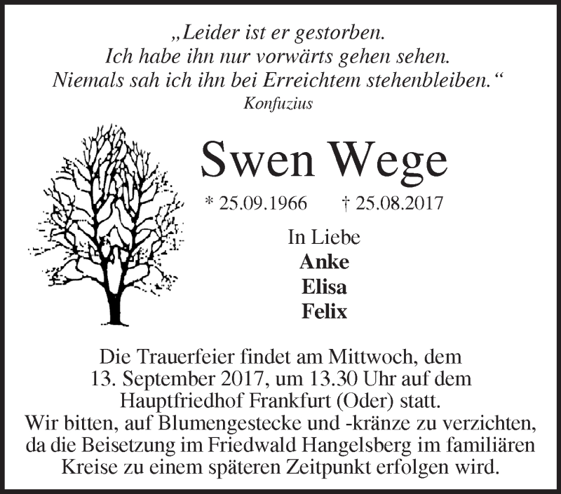  Traueranzeige für Swen Wege vom 31.08.2017 aus Märkische Oderzeitung
