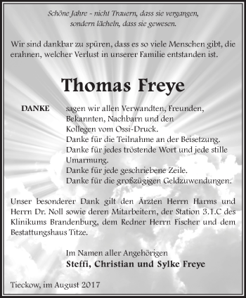 Traueranzeige von Thomas Freye von Märkische Oderzeitung