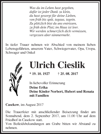 Traueranzeige von Ulrich Cieslik von Märkische Oderzeitung