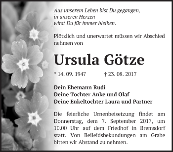 Traueranzeige von Ursula Götze von Märkische Oderzeitung