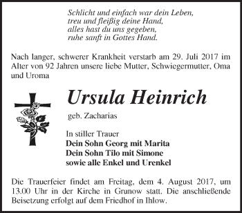 Traueranzeige von Ursula Heinrich von Märkische Oderzeitung