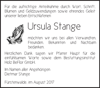 Traueranzeige von Ursula Stange von Märkische Oderzeitung