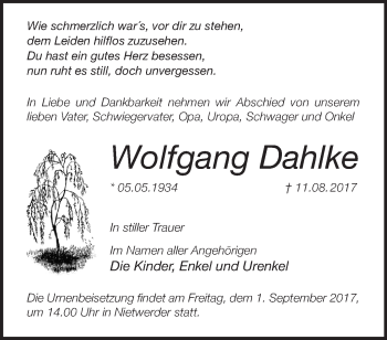 Traueranzeige von Wolfgang Dahlke von Märkische Oderzeitung