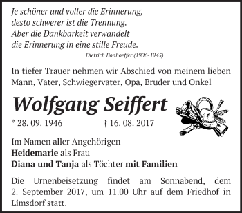 Traueranzeige von Wolfgang Seiffert von Märkische Oderzeitung