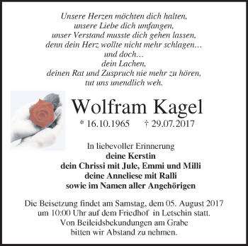 Traueranzeige von Wolfram Kagel von Märkische Oderzeitung