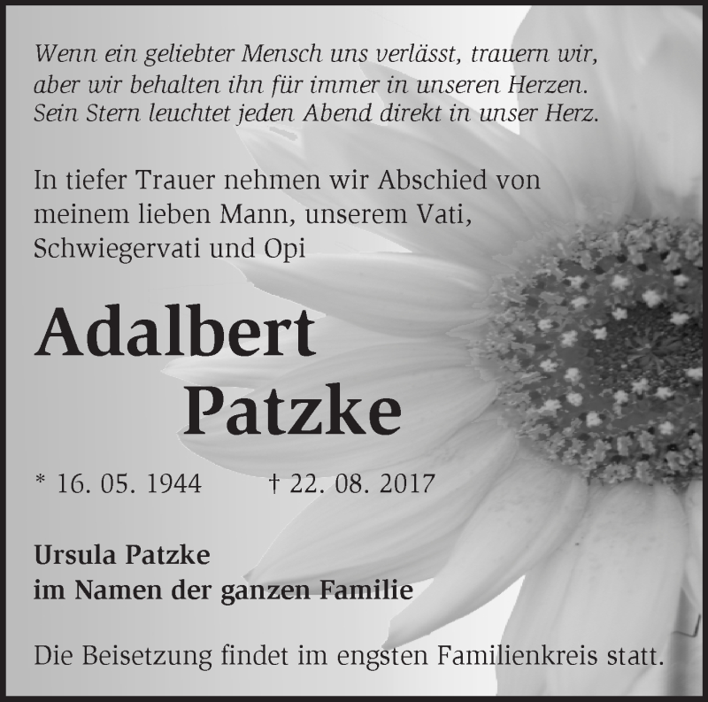  Traueranzeige für Adalbert Patzke vom 02.09.2017 aus Märkische Oderzeitung