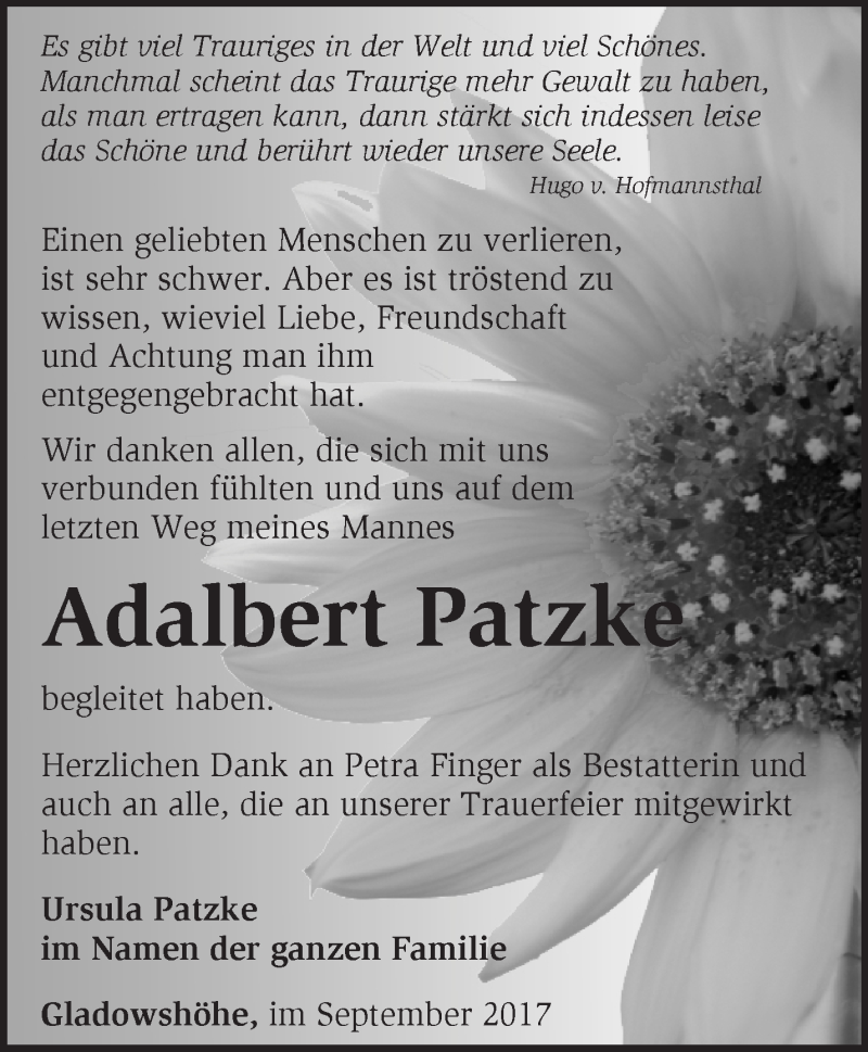  Traueranzeige für Adalbert Patzke vom 23.09.2017 aus Märkische Oderzeitung