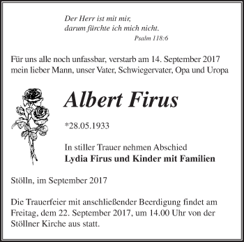 Traueranzeige von Albert Firus von Märkische Oderzeitung