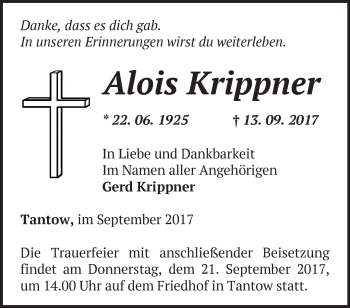 Traueranzeige von Alois Krippner von Märkische Oderzeitung