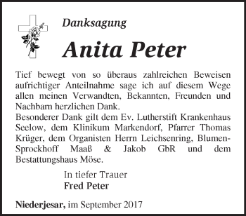 Traueranzeige von Anita Peter von Märkische Oderzeitung