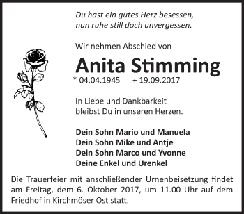 Traueranzeige von Anita Stimming von Märkische Oderzeitung