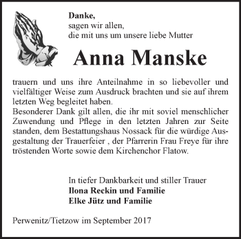 Traueranzeige von Anna Manske von Märkische Oderzeitung