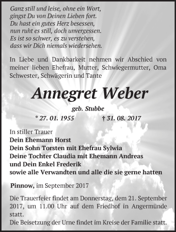 Traueranzeige von Annegret Weber von Märkische Oderzeitung