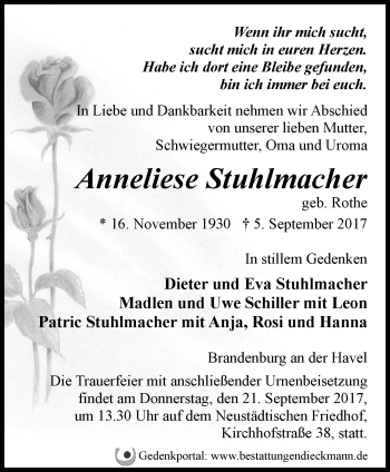 Traueranzeige von Anneliese Stuhlmacher von Märkische Oderzeitung