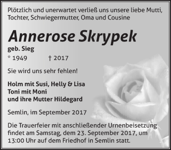 Traueranzeige von Annerose Skrypek von Märkische Oderzeitung