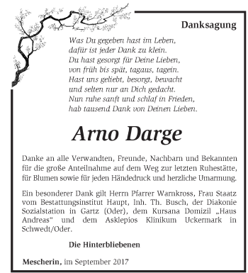 Traueranzeige von Arno Darge von Märkische Oderzeitung