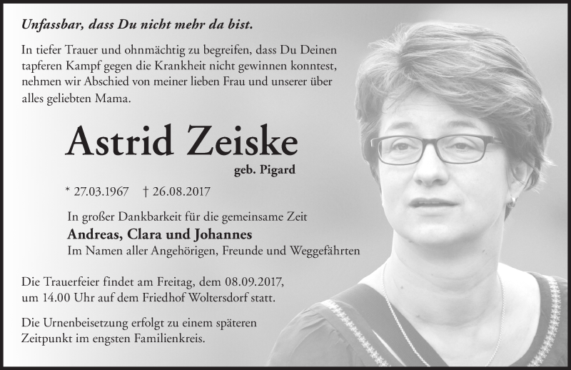  Traueranzeige für Astrid Zeiske vom 05.09.2017 aus Märkische Oderzeitung