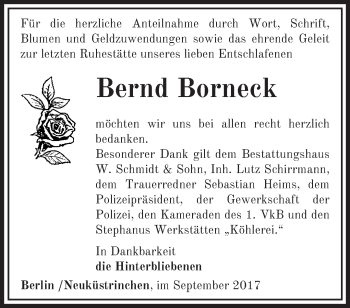 Traueranzeige von Bernd Borneck von Märkische Oderzeitung