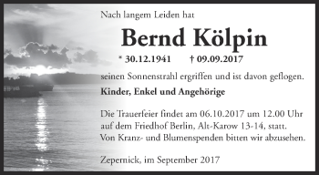 Traueranzeige von Bernd Kölpin von Märkische Oderzeitung