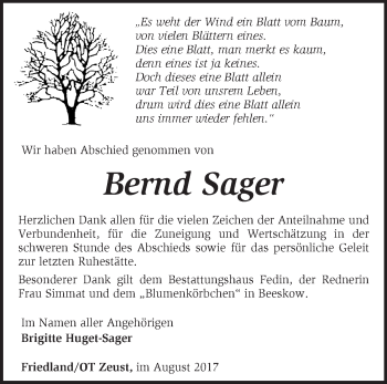 Traueranzeige von Bernd Sager von Märkische Oderzeitung