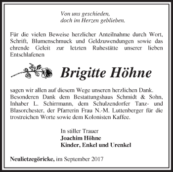 Traueranzeige von Brigitte Höhne von Märkische Oderzeitung