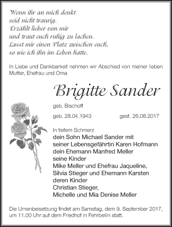 Traueranzeige von Brigitte Sander von Märkische Oderzeitung