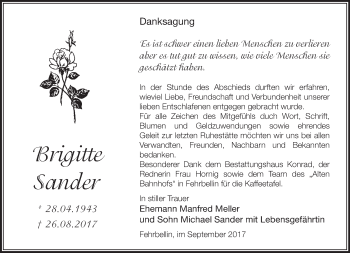 Traueranzeige von Brigitte Sander von Märkische Oderzeitung