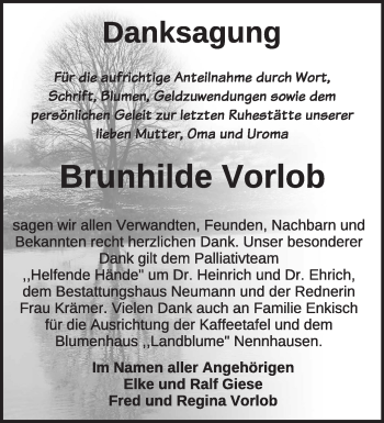 Traueranzeige von Brunhilde Vorlob von Märkische Oderzeitung