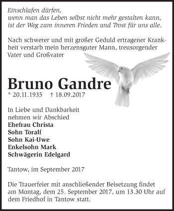 Traueranzeige von Bruno Gandre von Märkische Oderzeitung