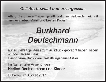 Traueranzeige von Burkhard Deutschman von Märkische Oderzeitung