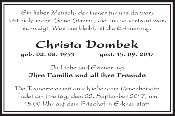 Traueranzeige von Christa Dombek von Märkische Oderzeitung