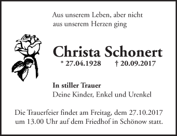 Traueranzeige von Christa Schonert von Märkische Oderzeitung