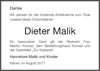 Traueranzeige von Dieter Malik von Märkische Oderzeitung