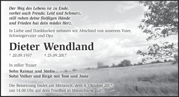 Traueranzeige von Dieter Wendland von Märkische Oderzeitung