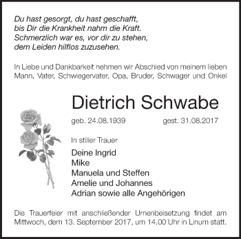 Traueranzeige von Dietrich Schwabe von Märkische Oderzeitung