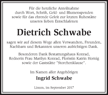 Traueranzeige von Dietrich Schwabe von Märkische Oderzeitung