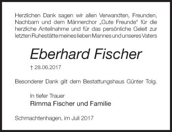 Traueranzeige von Eberhard Fischer von Märkische Oderzeitung