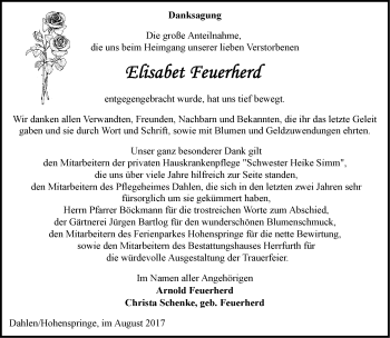 Traueranzeige von Elisabet Feuerherd von Märkische Oderzeitung